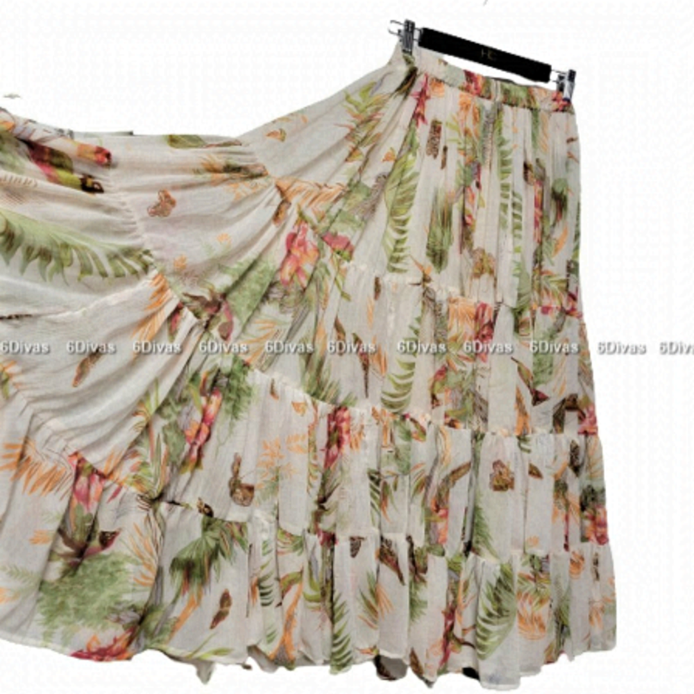Fifteen Yard Skirt in Cream Beige with butterfly and bird motif